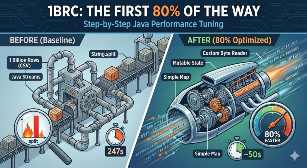 Infografik zum Java Performance Tuning (1BRC): Vergleich einer langsamen Baseline (247s) mit einer optimierten Lösung (~50s) – 80 % Zeitersparnis durch Custom Byte Reader.
