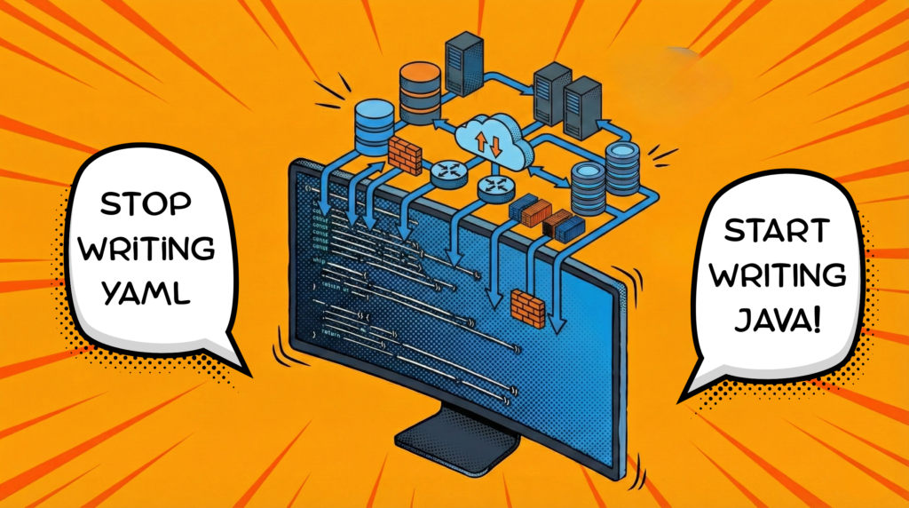 Comic-style illustration of a computer monitor with code on screen and cloud infrastructure components (databases, servers, firewalls, containers) rising from the code into a connected architecture above the display.