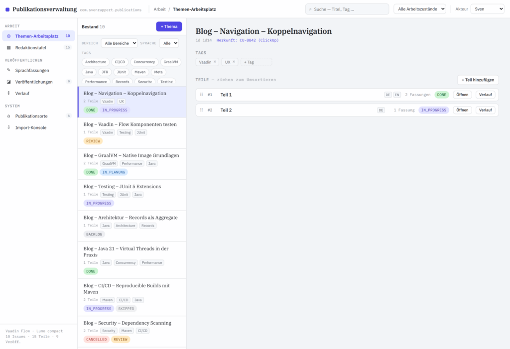 Entwurf des Themen-Arbeitsplatzes: Themenliste links, rechts ein Thema mit Tags, ClickUp-Herkunft und zwei Teilen samt Zustand.